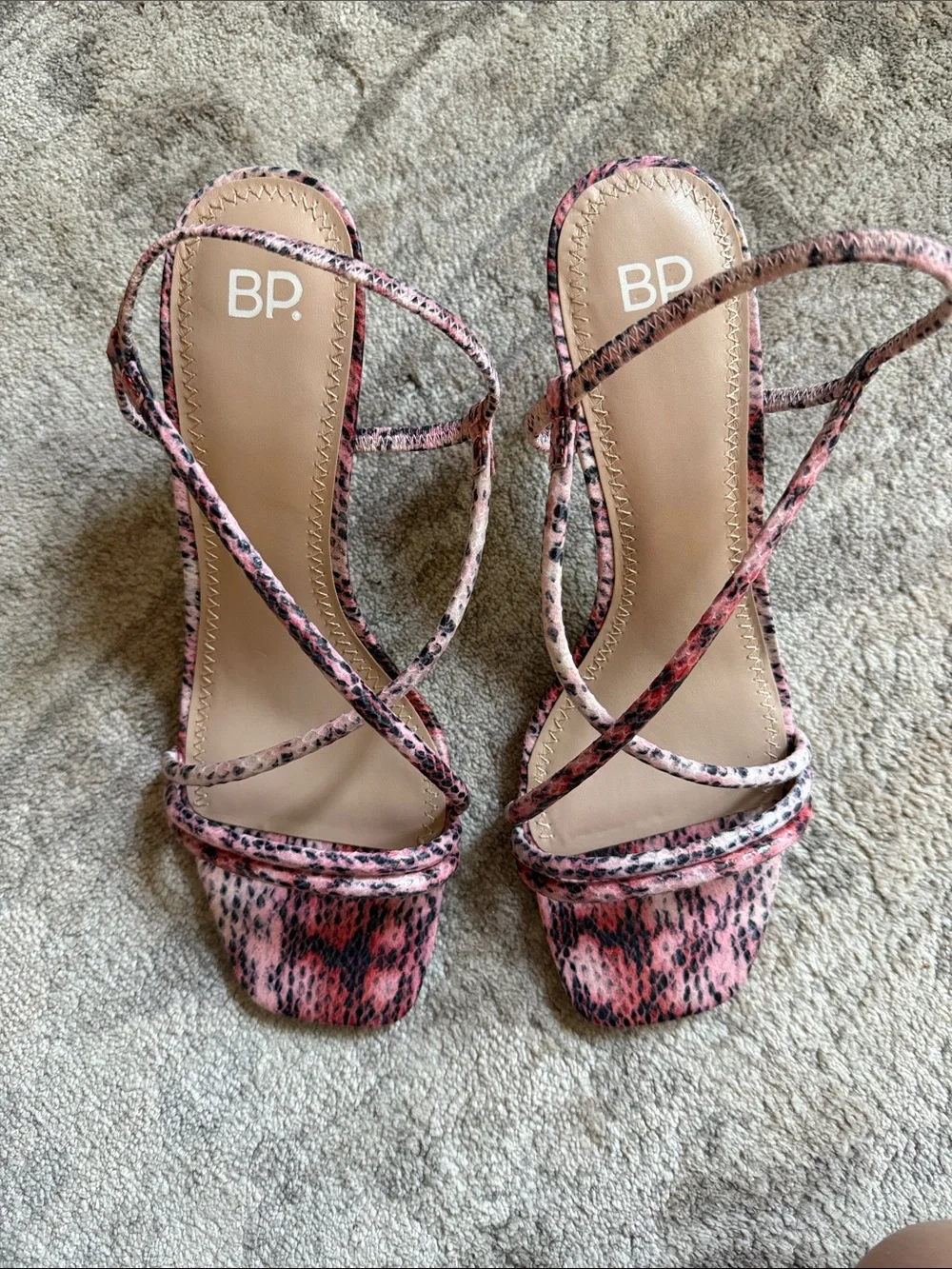 bp Pink Snake-Print Wrap-Strap Heels